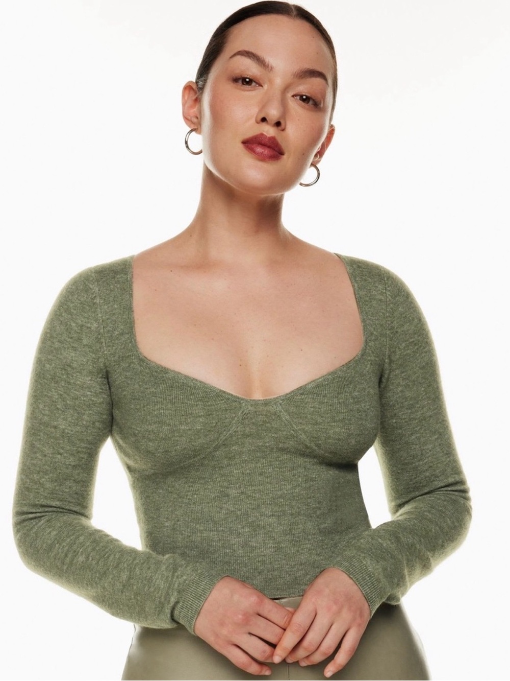 Aritzia Olive Green Sweetheart Neck Long-Sleeve Top